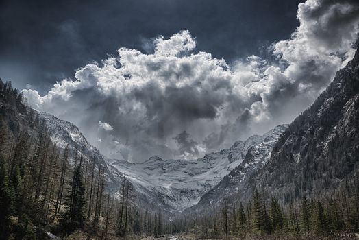 Storm clouds over the glacier in spring season with forest in foreground