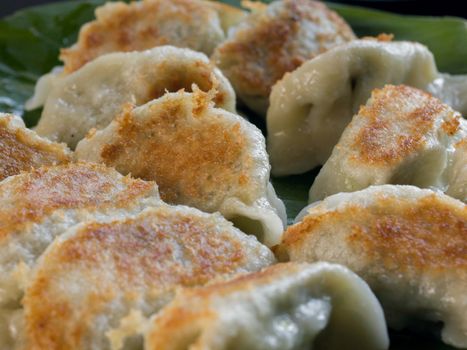 COLOR PHOTO OF FRIED DUMPLINGS FILLED WITH MINCED CHICKEN AND SPRING ONION