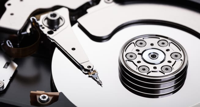 Disassembled computer hard disk memory close-up