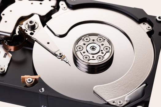 Disassembled computer hard disk memory close-up