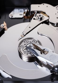 Disassembled computer hard disk and tool close-up
