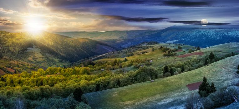 Panoramic rural landscape. Time change concept. day nad night change. forest in mountain rural area. green agricultural field on a hillside. beautiful summer scenery