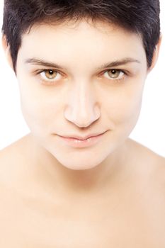 girl with a short hair looking at camera, positive expression