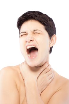 girl with a short hair touching her neck and screaming