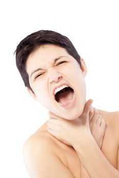 girl with a short hair touching her neck and screaming