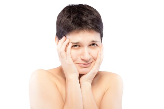 girl with a short hair making strange expression with her hands and face