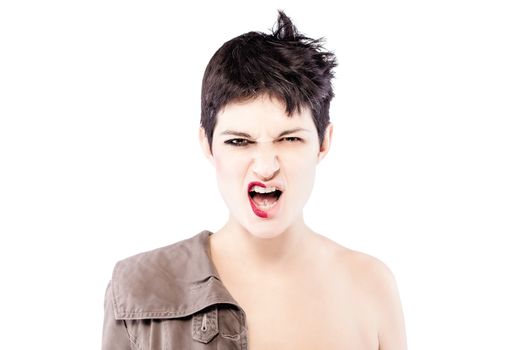 girl with a short hair, having half her face with make up, angry expression