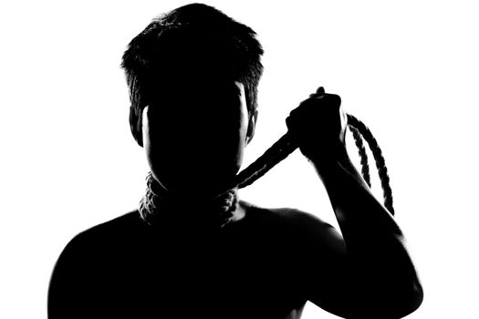 silhouette portrait of a girl with short hair, having rope around her neck