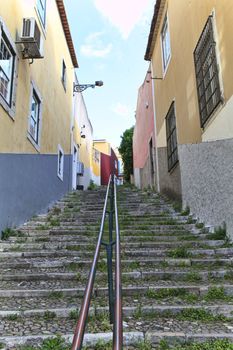 Old stairs in Lisbon, antique monument in the city, tourism in Portugal