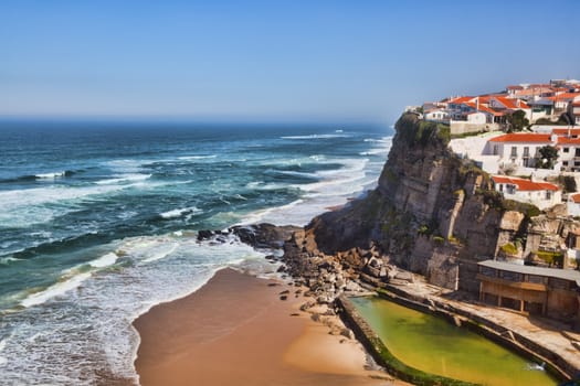 Azenhas Do Mar . Landmark On The Cliff And Atlantic Ocean, Sintra