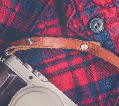 Rustic Plaid Shirt With Retro Vintage Camera And Leather Strap