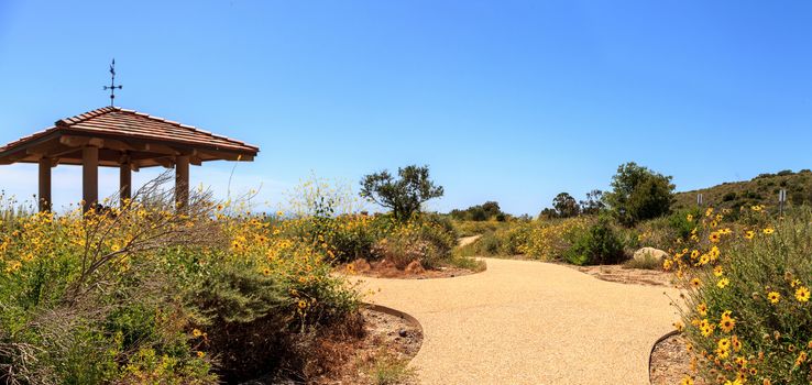 Gazebo over Newport Coast hiking trail near Crystal Cove, California in spring