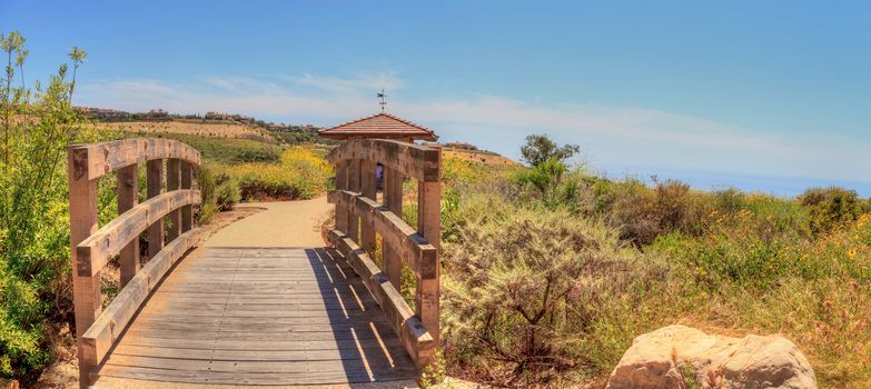 Gazebo over Newport Coast hiking trail near Crystal Cove, California in spring