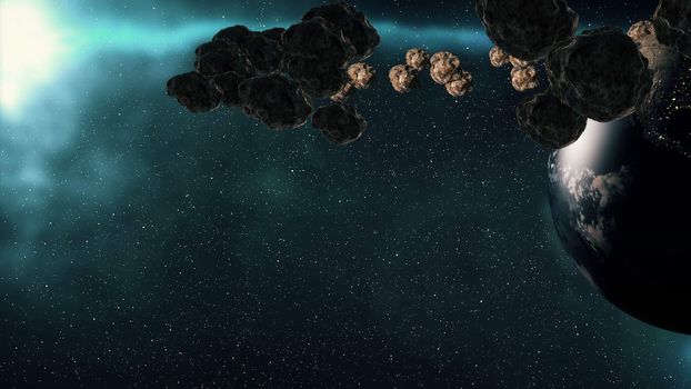 Planet Earth and asteroids spinning around its axis. Futuristic cosmic background. 3d rendering