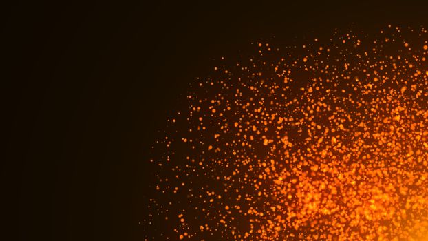 An explosion of orange and gold embers or particles with depth of field. 3d rendering