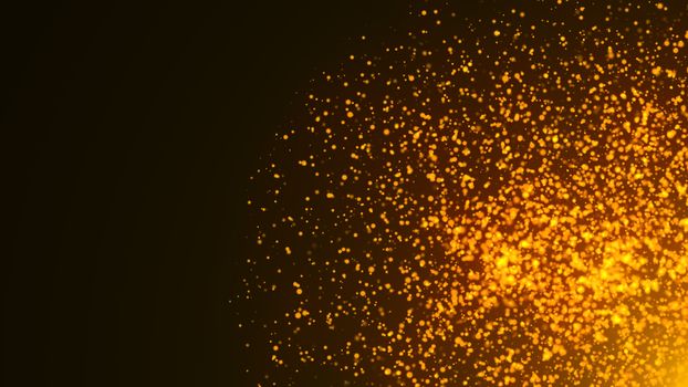An explosion of orange and gold embers or particles with depth of field. 3d rendering
