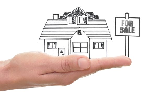 Sketch of a home in a hand with a for sale sign