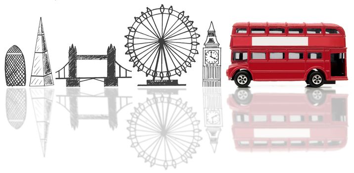 London landmarks sketched against a double decker bus 