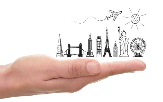 Sketch of famous landmarks including the statue of liberty and tower of pisa over a hand