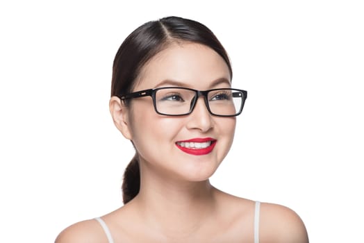 Beauty asian model girl with perfect skin wearing glasses, isolated on white background. 