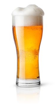 Light beer in sweaty glass isolated on white background
