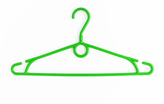 One colored plastic hanger, isolated on white background, close-up.