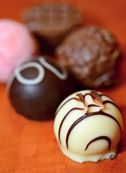 A Close up of Various Belgian Chocolate Pralines on Wooden background.