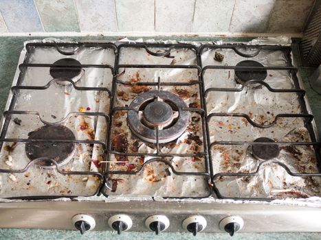 The Full Display of A Dirty Gas Metal Top Hob with Several Plates and Dials Turned off, in An Unclean and Dirty Kitchen used For Cooking Food and Preparing Meals as A Student in UK Kitchen