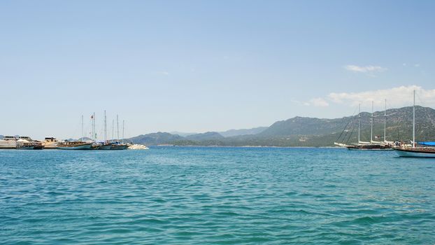 Recreational, tourist ships in the Mediterranean Sea in one of the resorts in Turkey