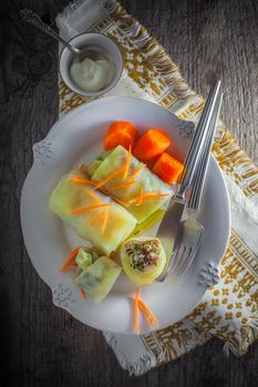 Cabbage rolls filled with minced meat and rice. 