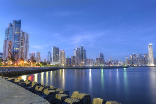 Panama City skyline and Bay of Panama, Central America in the twilight