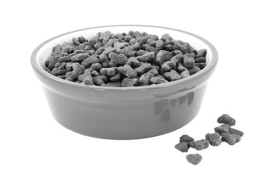 Dry cat food in a bowl, some biscuits spilled beside, isolated on a white background
