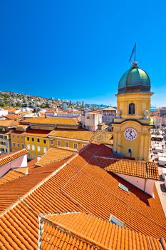 City of Rijeka clock tower and central square vertical view, Kvarner bay, Croatia