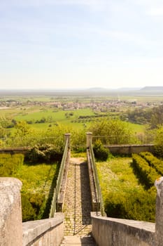 Staircase with a view of the countryside of the lake of Madine in France