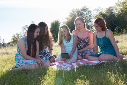 Group of Girls Sitting Together in Grassy Field With Sunlight Overhead