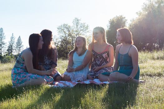 Group of Girls Sitting Together in Grassy Field With Sunlight Overhead