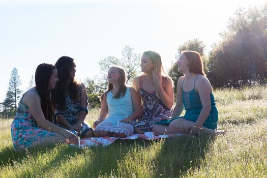 Group of Girls Sitting Together in Grassy Field With Sunlight Overhead