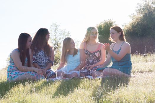 Group of Girls Sitting Together in Grassy Field With Sunlight Overhead