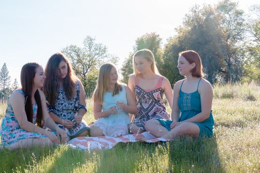 Group of Girls Sitting Together in Grassy Field With Sunlight Overhead