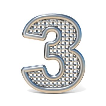 Outlined metal wire mesh font Number 3 THREE 3D render illustration isolated on white background