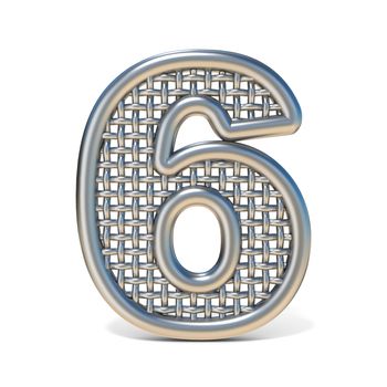 Outlined metal wire mesh font Number 6 SIX 3D render illustration isolated on white background