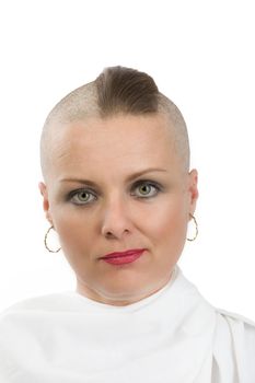Portrait of beautiful middle age woman patient with cancer with shaved head without hair isolated on white background, hope in healing. She lost her hair