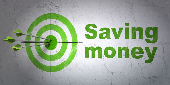 Success business concept: arrows hitting the center of target, Green Saving Money on wall background, 3D rendering