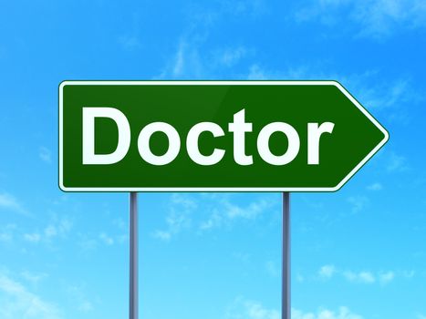 Medicine concept: Doctor on green road highway sign, clear blue sky background, 3D rendering