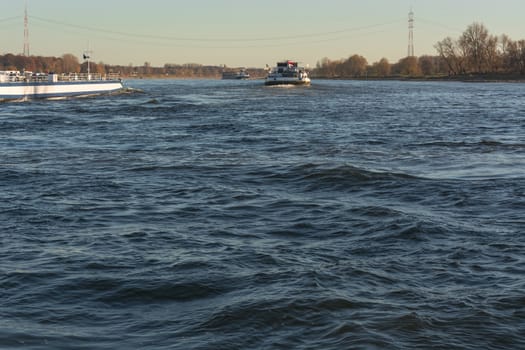 Ship traffic on the Rhine near Dormagen Zons in Germany.