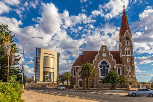 Luteran Christ Church and road with cars in front, Windhoek, Namibia