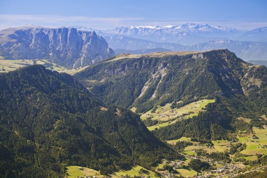 Val Gardena and Ortisei, Dolomites, Italy, view from a mountain