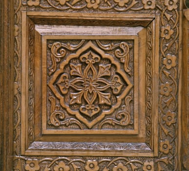 Close-up of a traditional carved wooden door, Uzbekistan