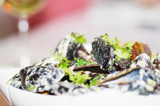 Steamed mussels in cheese sauce. Mussels in shells in the bowl with white wine on the table.