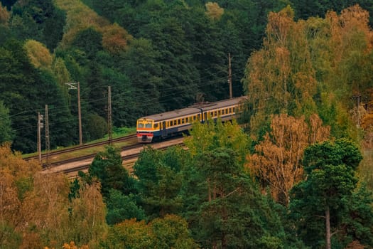 Passenger electric train moving through the forest in Riga